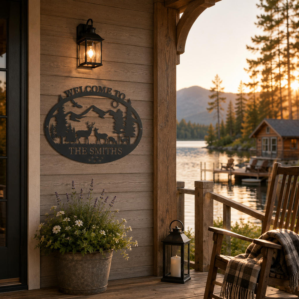 Custom deer and mountain metal welcome sign on a lakeside cabin porch, personalized outdoor wall art for lake house and vacation home.
