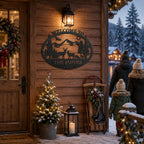 Personalized metal welcome sign decorating a cozy cabin entrance during Christmas, custom family name sign for winter holiday home decor.