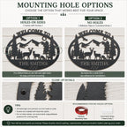 Mounting options for personalized metal welcome sign showing side mounting holes and no-hole version for different installation methods.