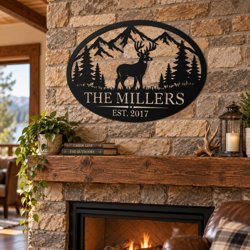 Personalized deer and mountain metal family sign displayed above a rustic stone fireplace in a cozy cabin.