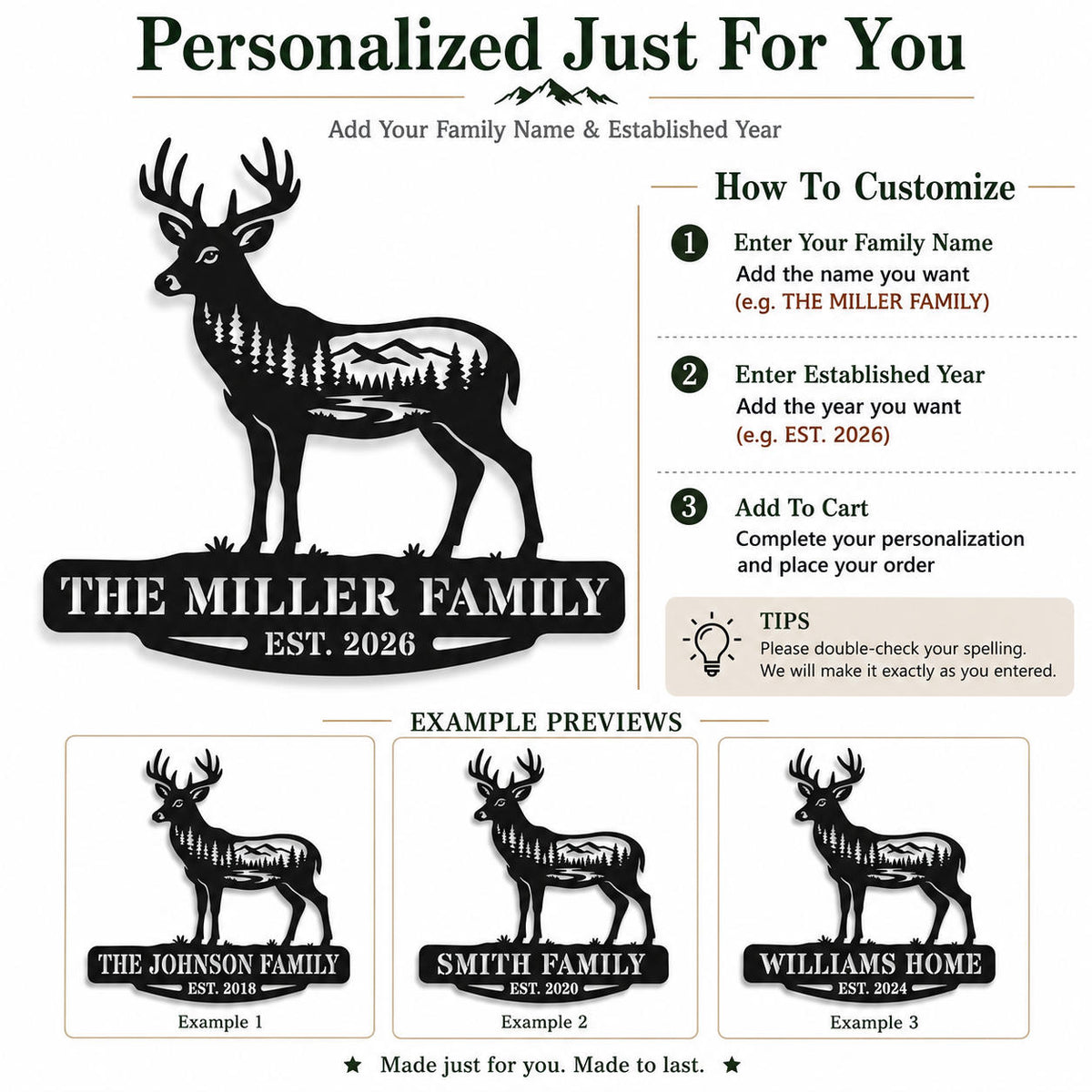 Customization guide for personalized deer metal sign showing how to enter a family name and established year.