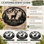 Customization guide showing two custom text areas for a personalized deer and mountain family metal sign.