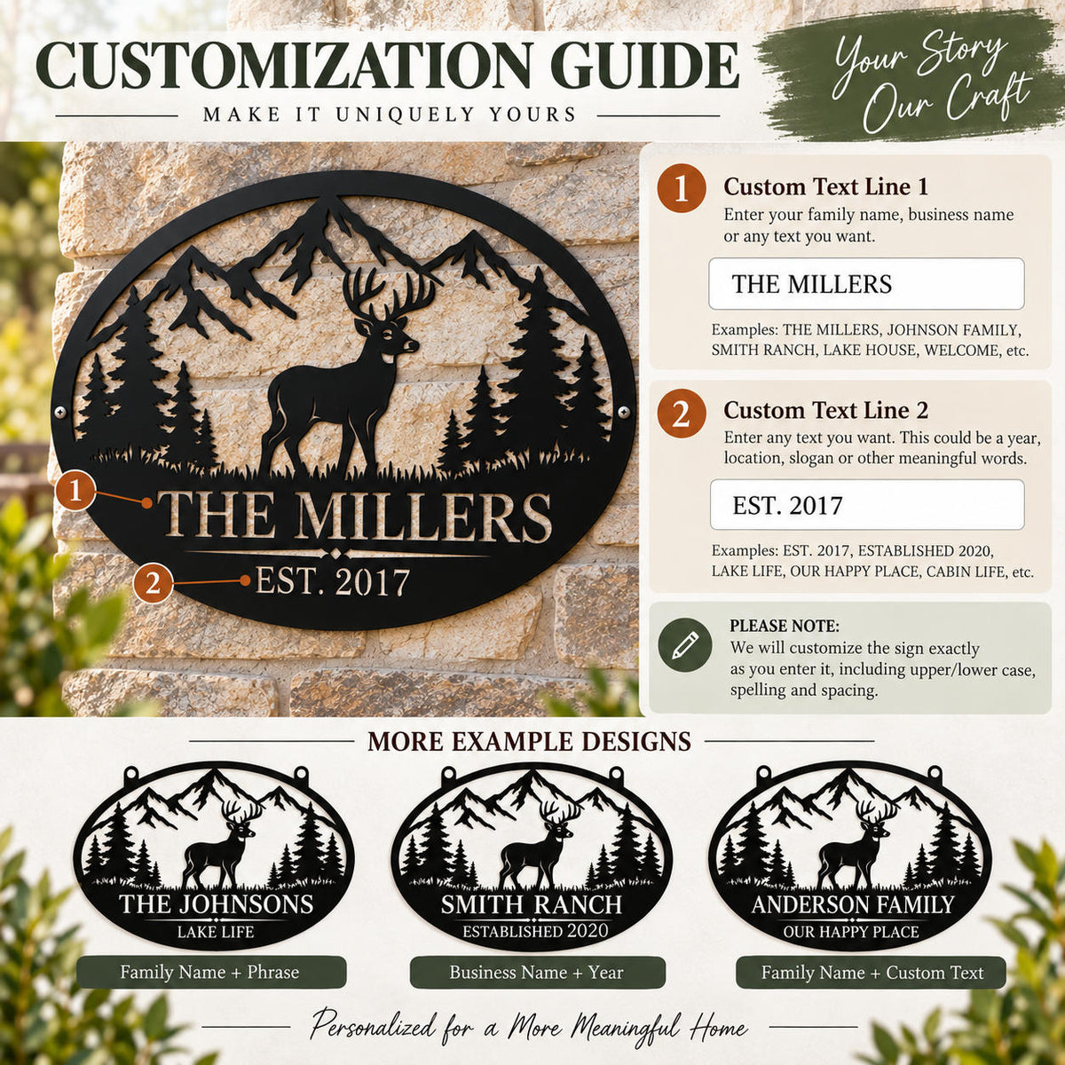 Customization guide showing two custom text areas for a personalized deer and mountain family metal sign.