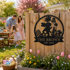 Personalized Easter Bunny Family Metal Sign Hanging in a Cozy Backyard Patio