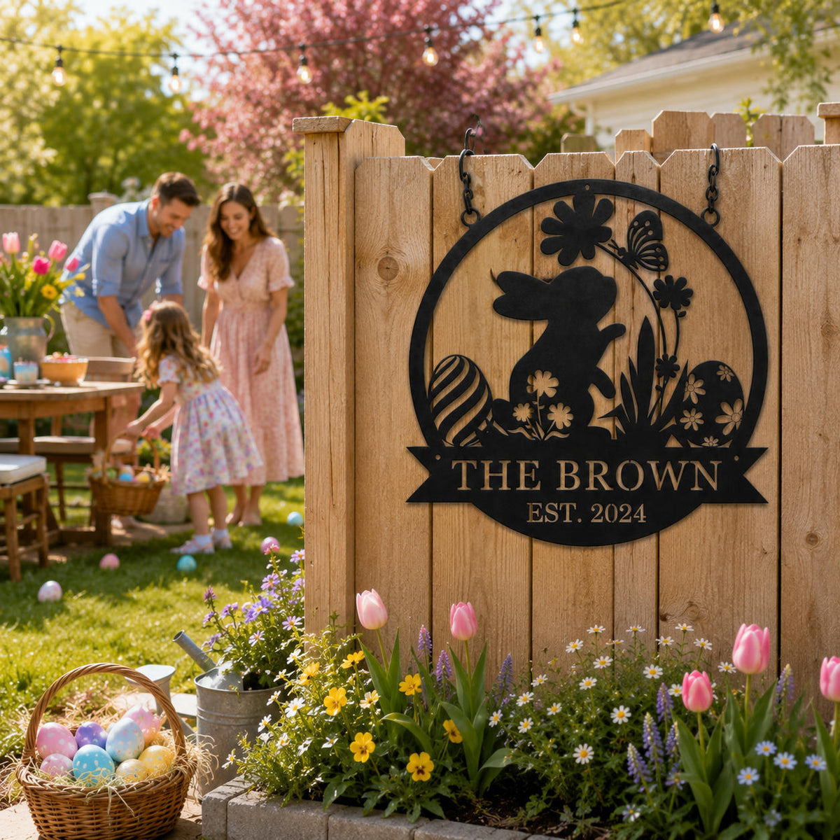 Personalized Easter Bunny Family Metal Sign Hanging in a Cozy Backyard Patio
