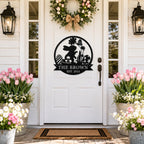 Personalized Easter Bunny Family Name Metal Sign Displayed on a White Farmhouse Front Door