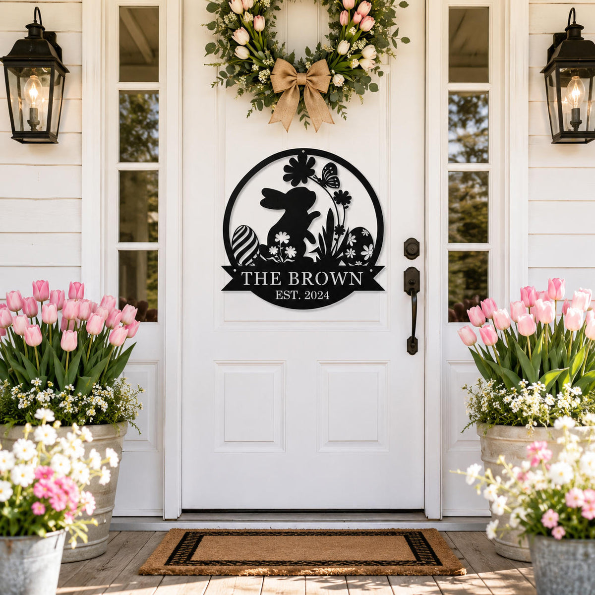 Personalized Easter Bunny Family Name Metal Sign Displayed on a White Farmhouse Front Door