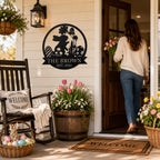 Personalized Bunny Family Name Metal Sign Decorating a Cozy Spring Front Porch