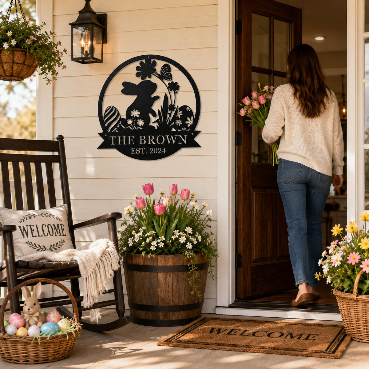 Personalized Bunny Family Name Metal Sign Decorating a Cozy Spring Front Porch