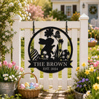 Personalized Easter Bunny Metal Sign Hanging on a Garden Fence with Integrated Hanging Tabs