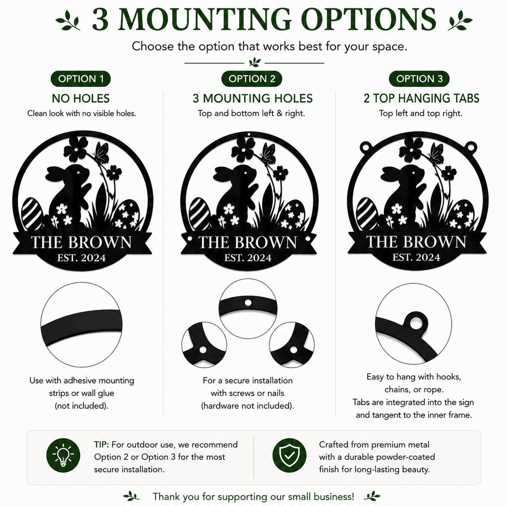 Mounting Options for Personalized Easter Bunny Metal Sign: No Holes, Three Mounting Holes, and Integrated Hanging Tabs