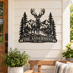 Custom elk family metal sign displayed on a farmhouse porch with white siding and rustic decor.