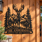Personalized black elk metal sign mounted on a rustic wooden cabin exterior wall.