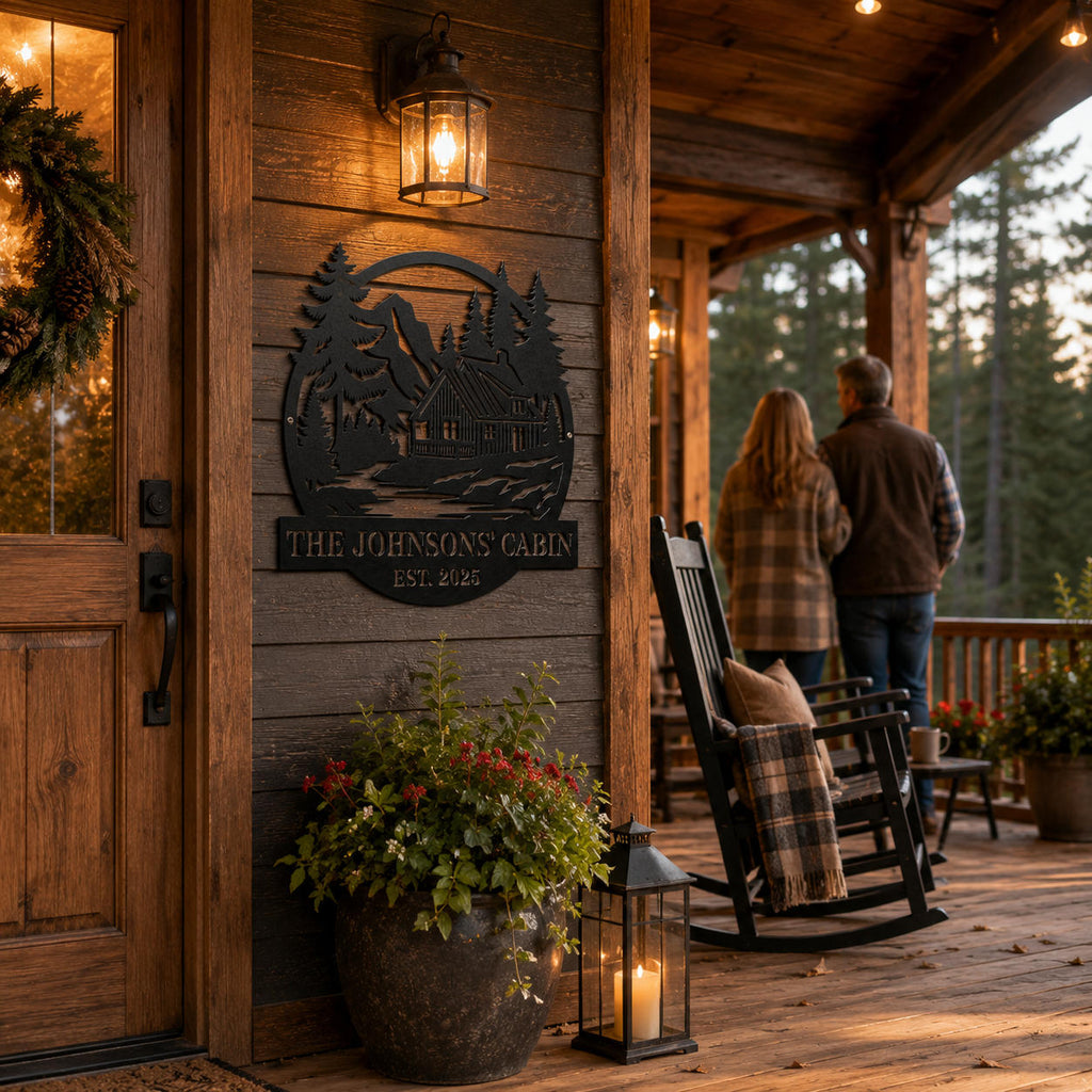 Rustic personalized metal cabin sign mounted outside a woodland cabin surrounded by pine trees, perfect for mountain cabin and vacation home decor.