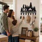 Personalized family camping key holder presented as a housewarming gift in a warm home entryway.