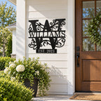 Personalized Williams family monogram metal sign displayed on a modern farmhouse exterior wall.