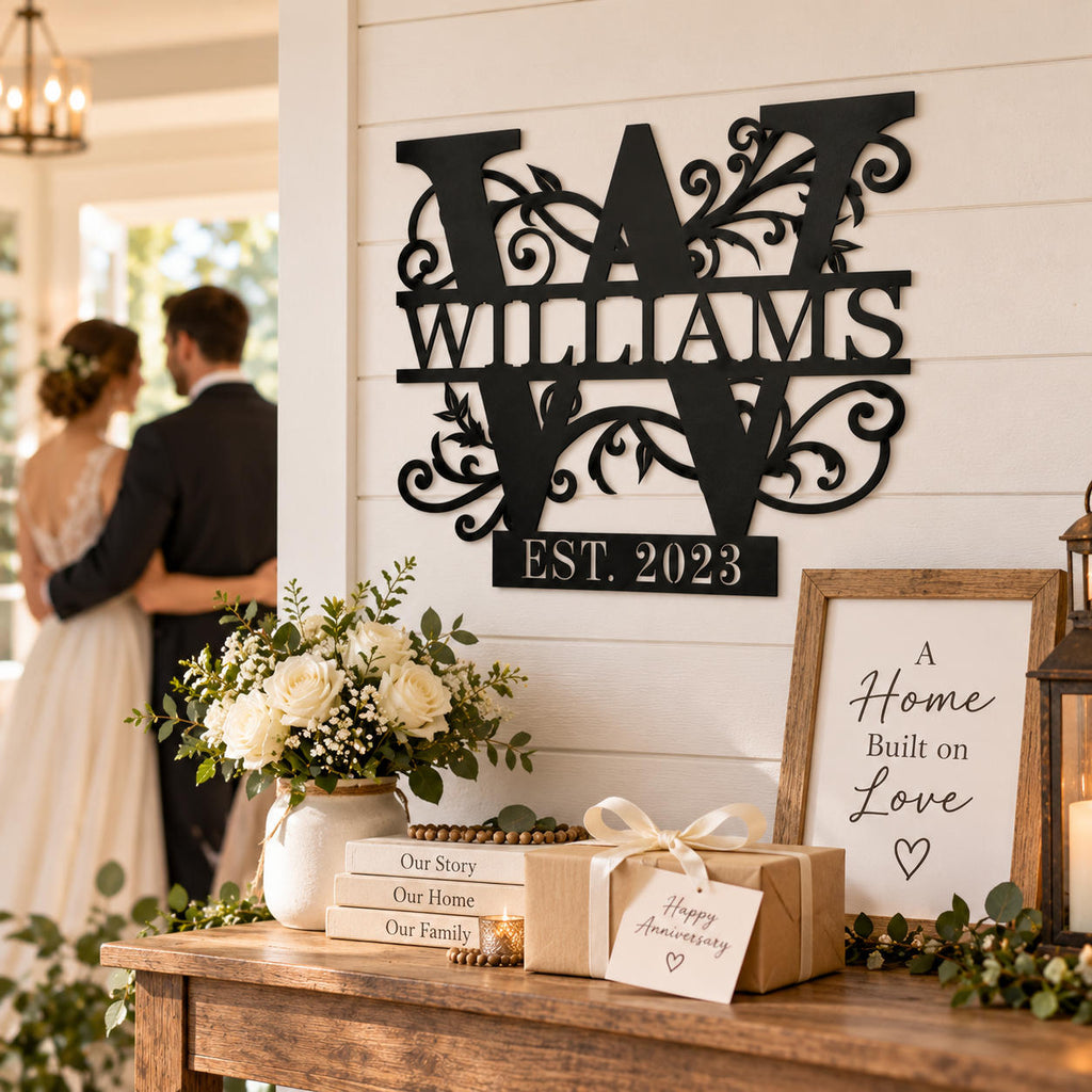 Personalized family monogram metal sign with custom surname and established year displayed as a wedding or anniversary gift.