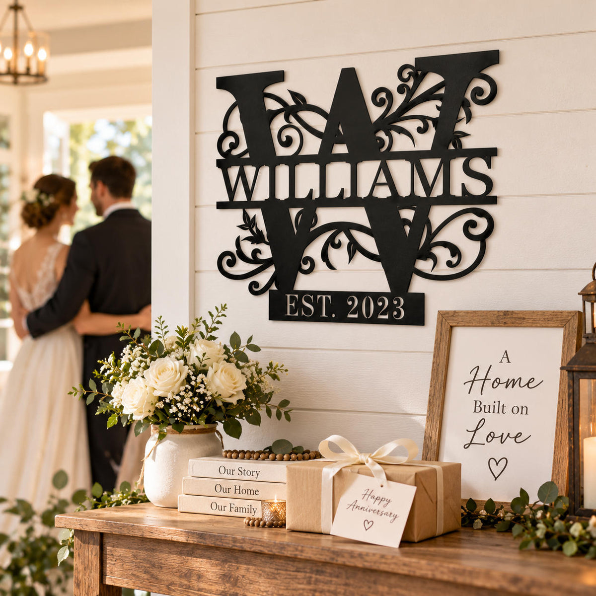 Personalized family monogram metal sign with custom surname and established year displayed as a wedding or anniversary gift.