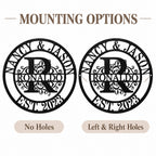 Family monogram metal sign mounting comparison showing no holes and small left and right holes within the smooth circular rim.