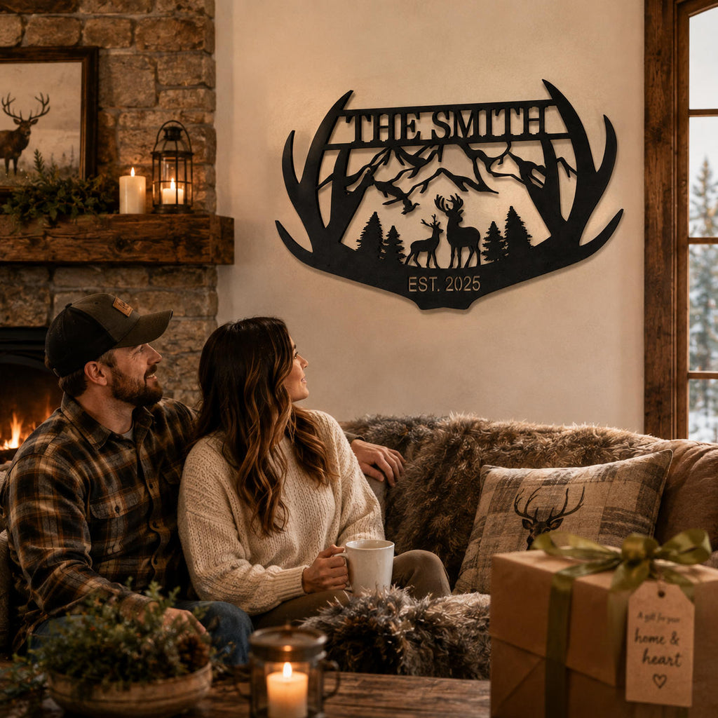 Personalized antler family name metal sign displayed in a warm rustic home as a meaningful housewarming gift.