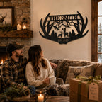 Personalized antler family name metal sign displayed in a warm rustic home as a meaningful housewarming gift.