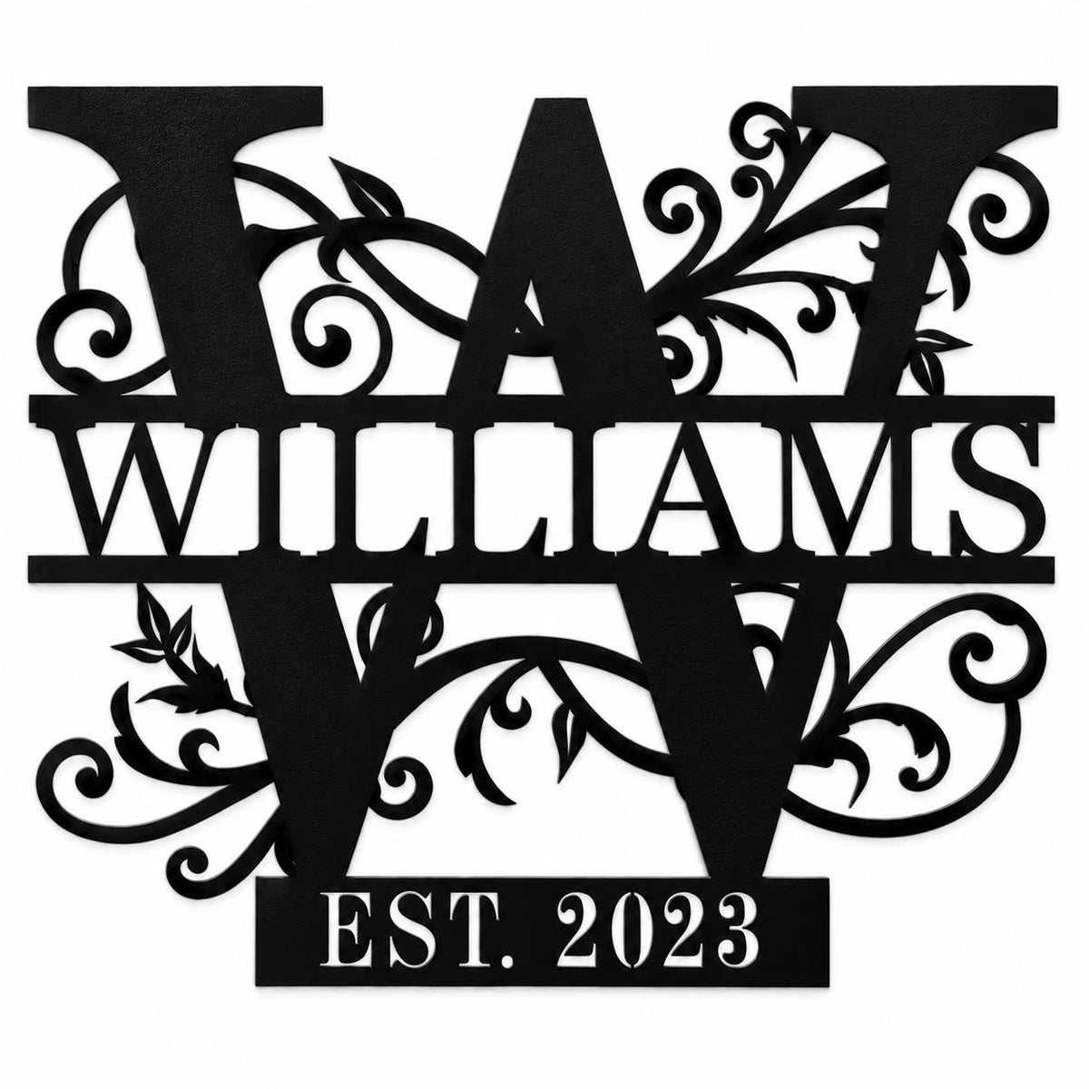 Personalized black metal family name sign with floral W monogram, Williams surname, and EST. 2023.