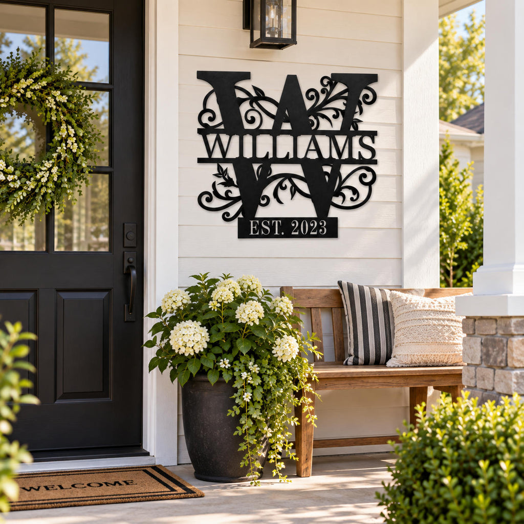 Personalized floral family name metal sign displayed beside the front door on a welcoming American porch.