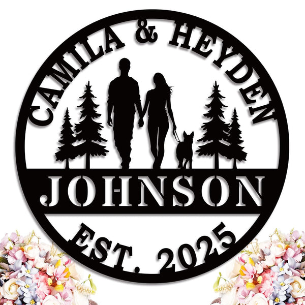Personalized family walking metal sign with couple and dog silhouette, custom name and year, laser-cut steel wall art for home décor