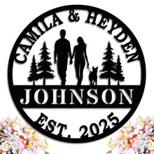 Personalized family walking metal sign with couple and dog silhouette, custom name and year, laser-cut steel wall art for home décor