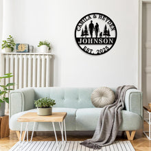 Personalized family walking metal sign with couple and dog silhouette, custom name and year, laser-cut steel wall art for home décor