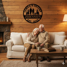 Personalized family walking metal sign with couple and dog silhouette, custom name and year, laser-cut steel wall art for home décor