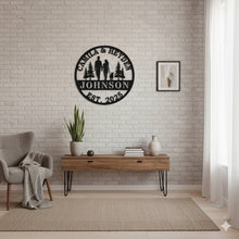 Personalized family walking metal sign with couple and dog silhouette, custom name and year, laser-cut steel wall art for home décor