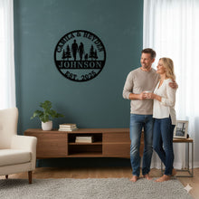 Personalized family walking metal sign with couple and dog silhouette, custom name and year, laser-cut steel wall art for home décor