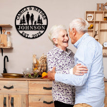 Personalized family walking metal sign with couple and dog silhouette, custom name and year, laser-cut steel wall art for home décor