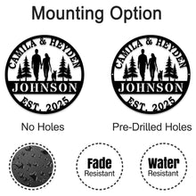 Personalized family walking metal sign with couple and dog silhouette, custom name and year, laser-cut steel wall art for home décor