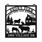 Personalized farm metal sign with custom farm name, address and hanging rings on a clean white background.