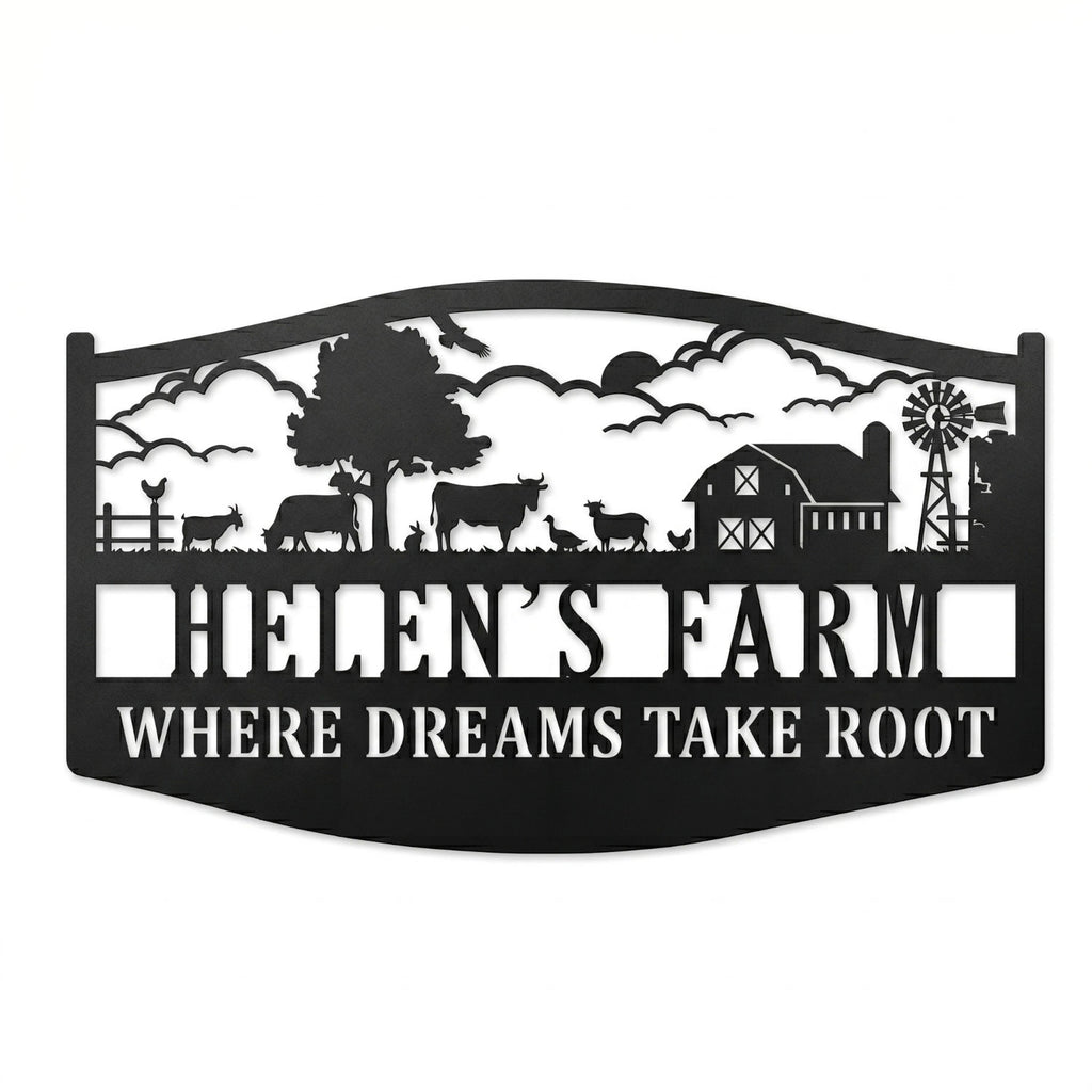 Custom metal farm sign with barn, animals, windmill silhouette. Personalizable name and tagline 'WHERE DREAMS TAKE ROOT'. Pre-drilled holes.
