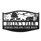 Custom metal farm sign with barn, animals, windmill silhouette. Personalizable name and tagline 'WHERE DREAMS TAKE ROOT'. Pre-drilled holes.