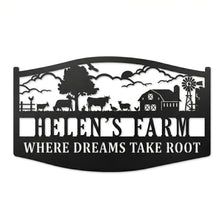Custom metal farm sign with barn, animals, windmill silhouette. Personalizable name and tagline 'WHERE DREAMS TAKE ROOT'. Pre-drilled holes.