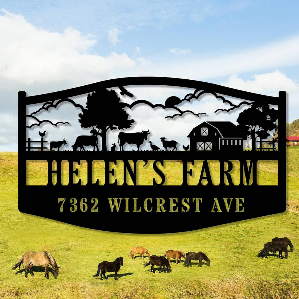 Custom farm metal sign with barn and livestock scene, personalized farm name and address, black steel outdoor sign for ranch gate or farmhouse entrance