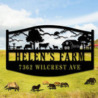 Custom farm metal sign with barn and livestock scene, personalized farm name and address, black steel outdoor sign for ranch gate or farmhouse entrance