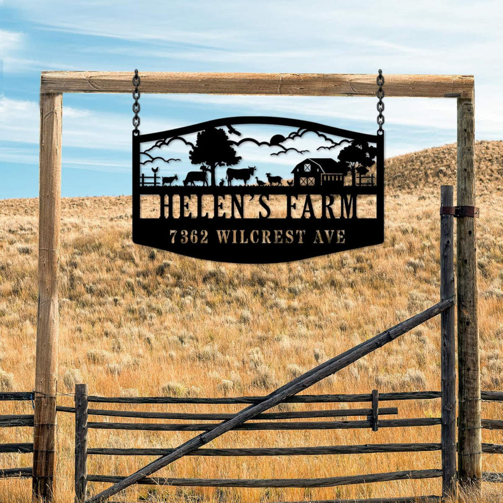 Custom farm metal sign with barn and livestock scene, personalized farm name and address, black steel outdoor sign for ranch gate or farmhouse entrance