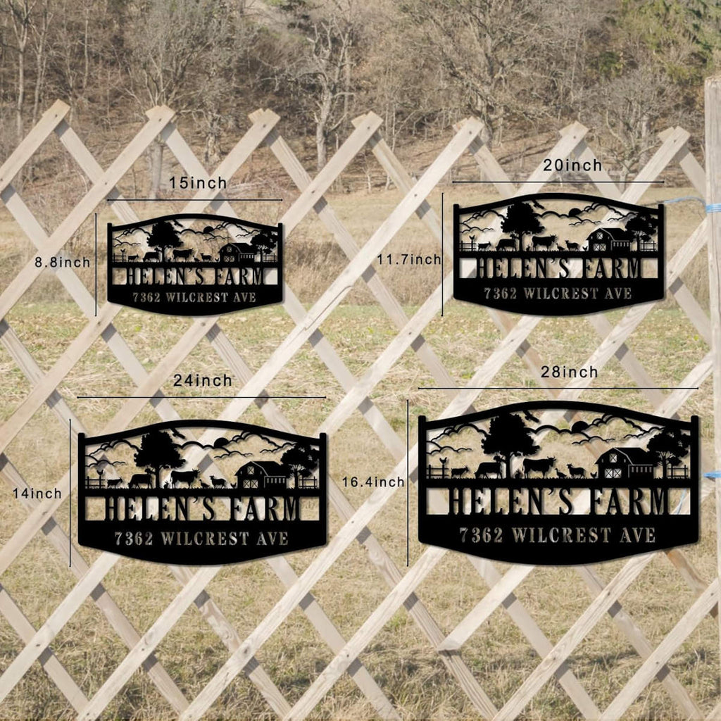 Custom farm metal sign with barn and livestock scene, personalized farm name and address, black steel outdoor sign for ranch gate or farmhouse entrance
