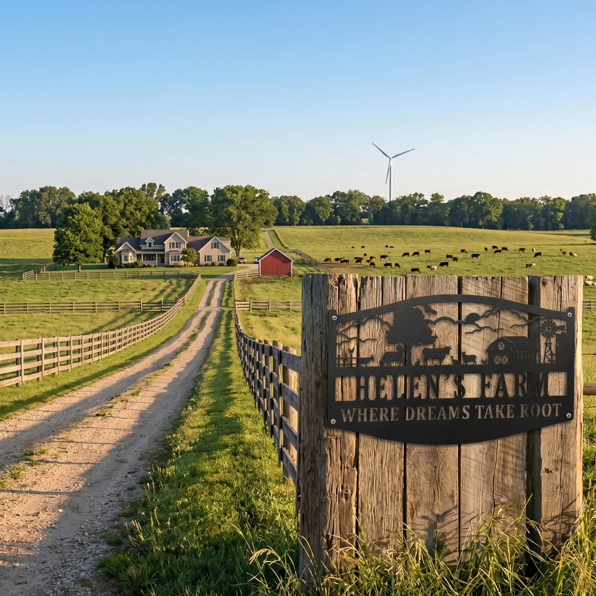 Custom metal farm sign with barn, animals, windmill silhouette. Personalizable name and tagline 'WHERE DREAMS TAKE ROOT'. Pre-drilled holes.
