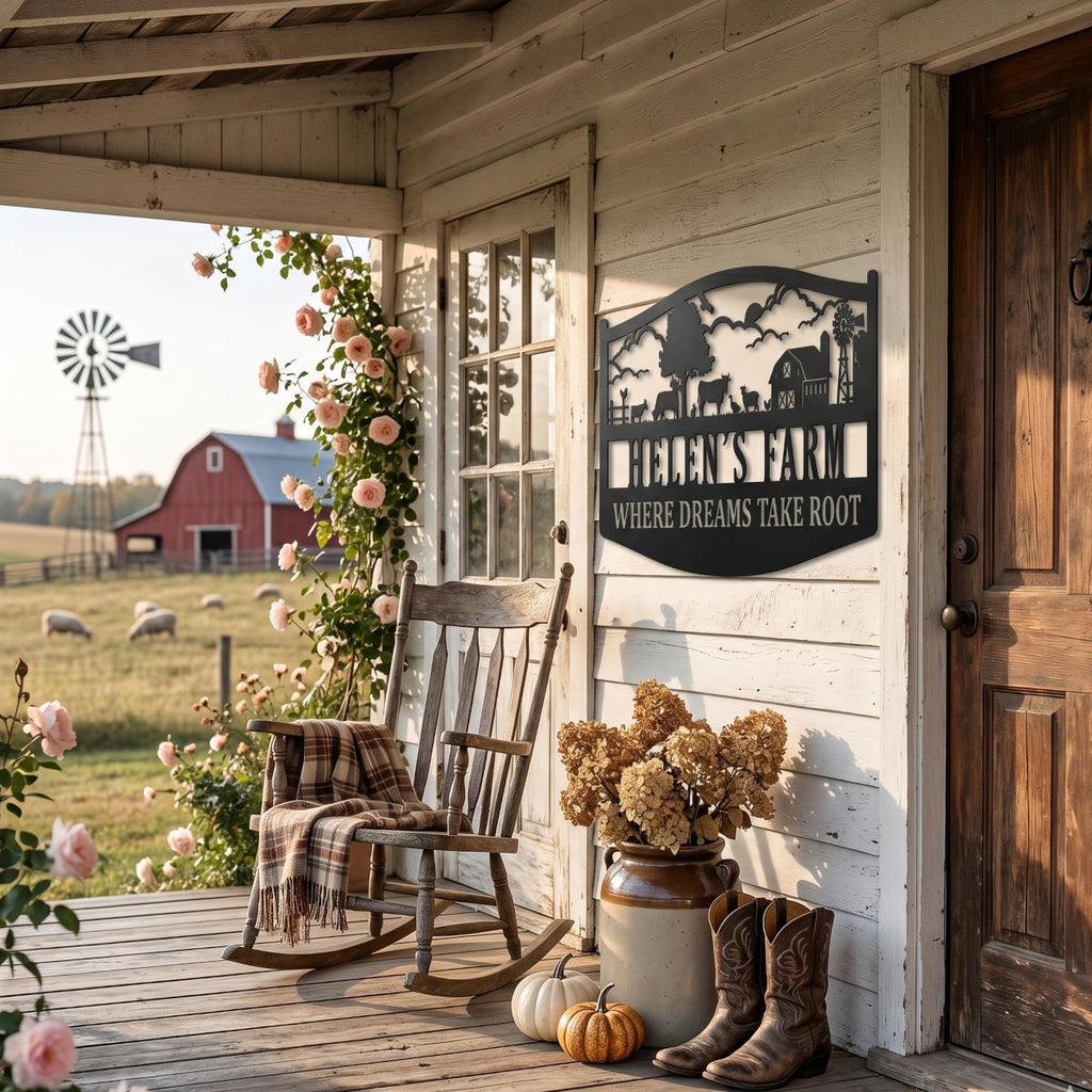 Custom metal farm sign with barn, animals, windmill silhouette. Personalizable name and tagline 'WHERE DREAMS TAKE ROOT'. Pre-drilled holes.