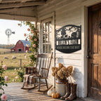 Custom metal farm sign with barn, animals, windmill silhouette. Personalizable name and tagline 'WHERE DREAMS TAKE ROOT'. Pre-drilled holes.