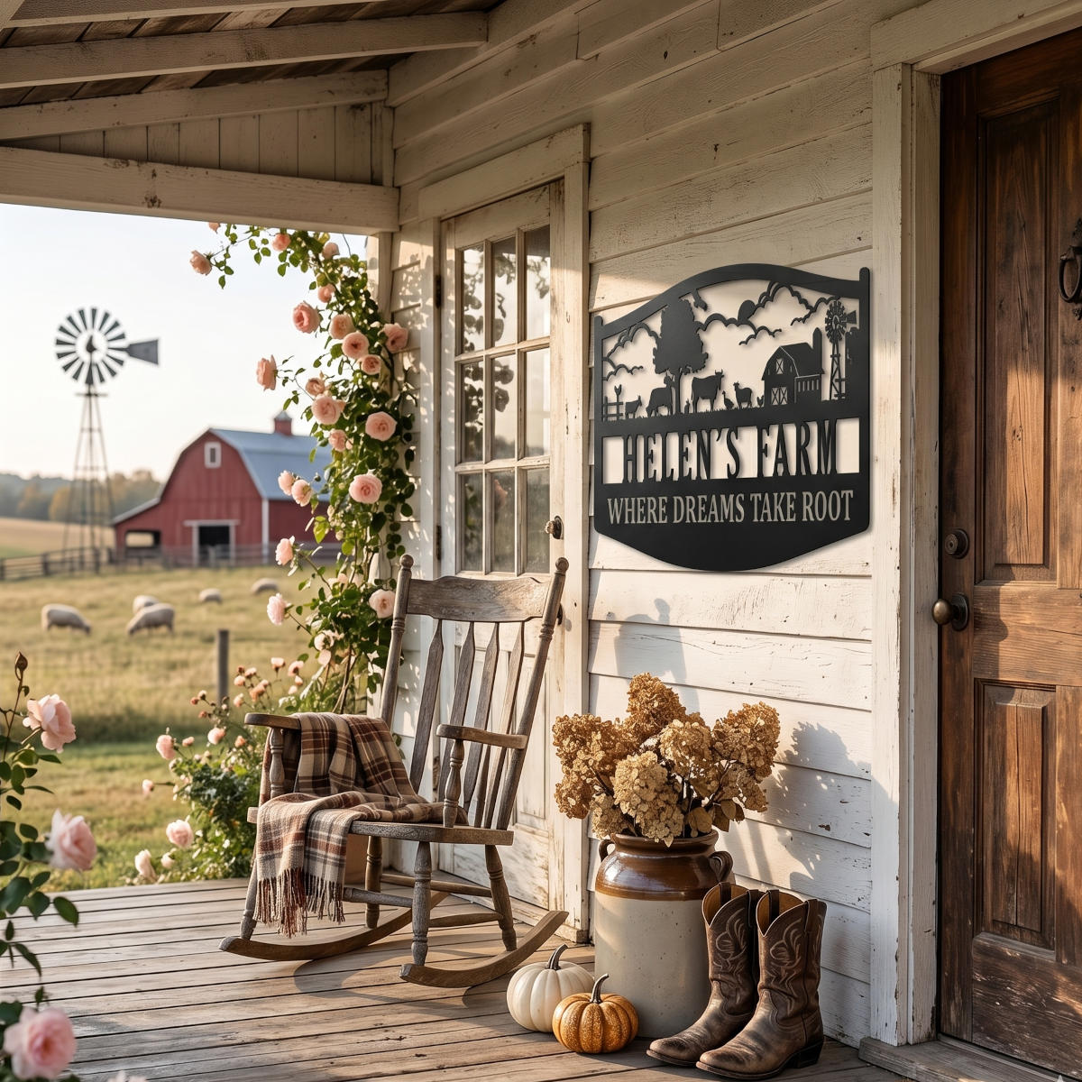 Custom metal farm sign with barn, animals, windmill silhouette. Personalizable name and tagline 'WHERE DREAMS TAKE ROOT'. Pre-drilled holes.