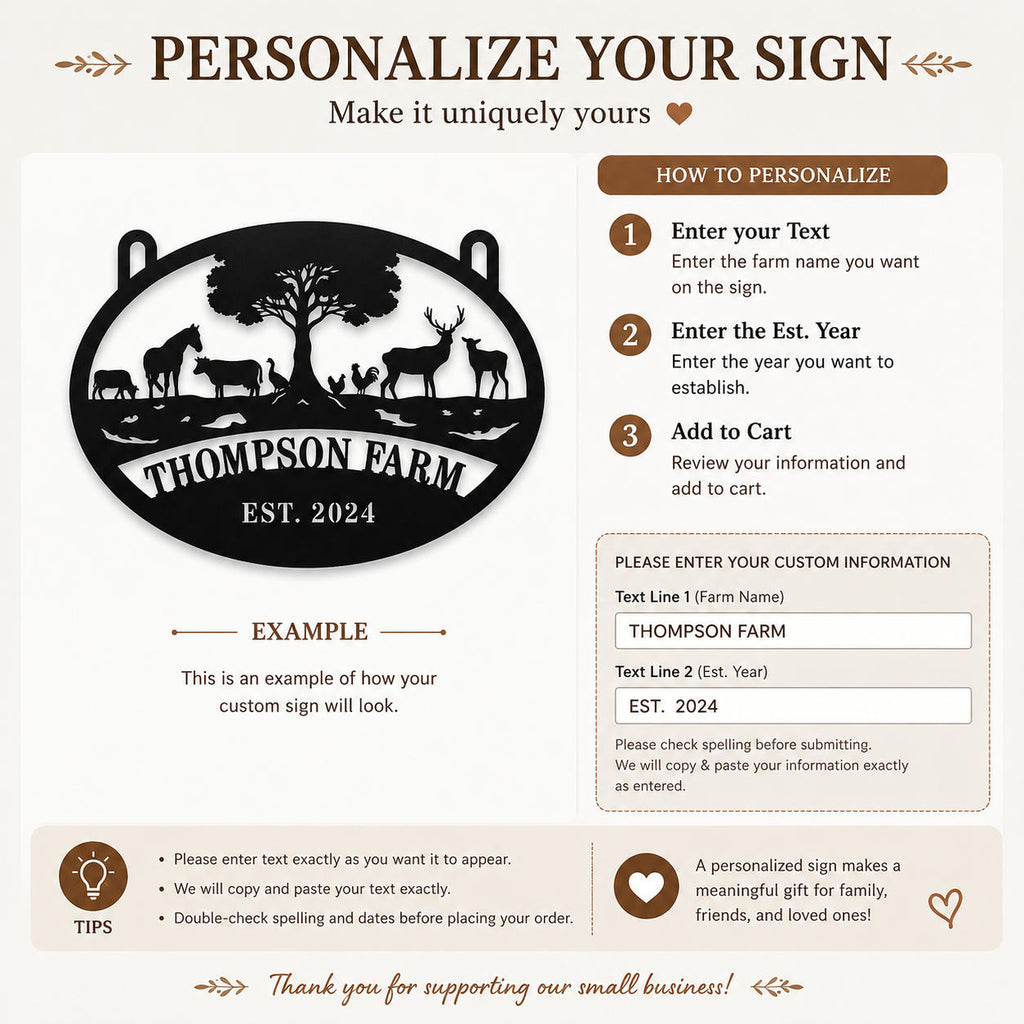 Personalize your custom farm metal sign by entering your farm name and established year, creating a unique personalized farmhouse hanging sign for your property.