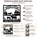 Customization guide for a personalized farm metal sign showing where to enter the farm name, established year, location and address.