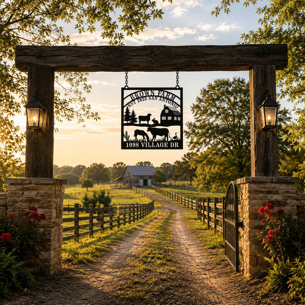 Personalized farm metal sign hanging at a rustic farm entrance with a custom farm name and countryside background.